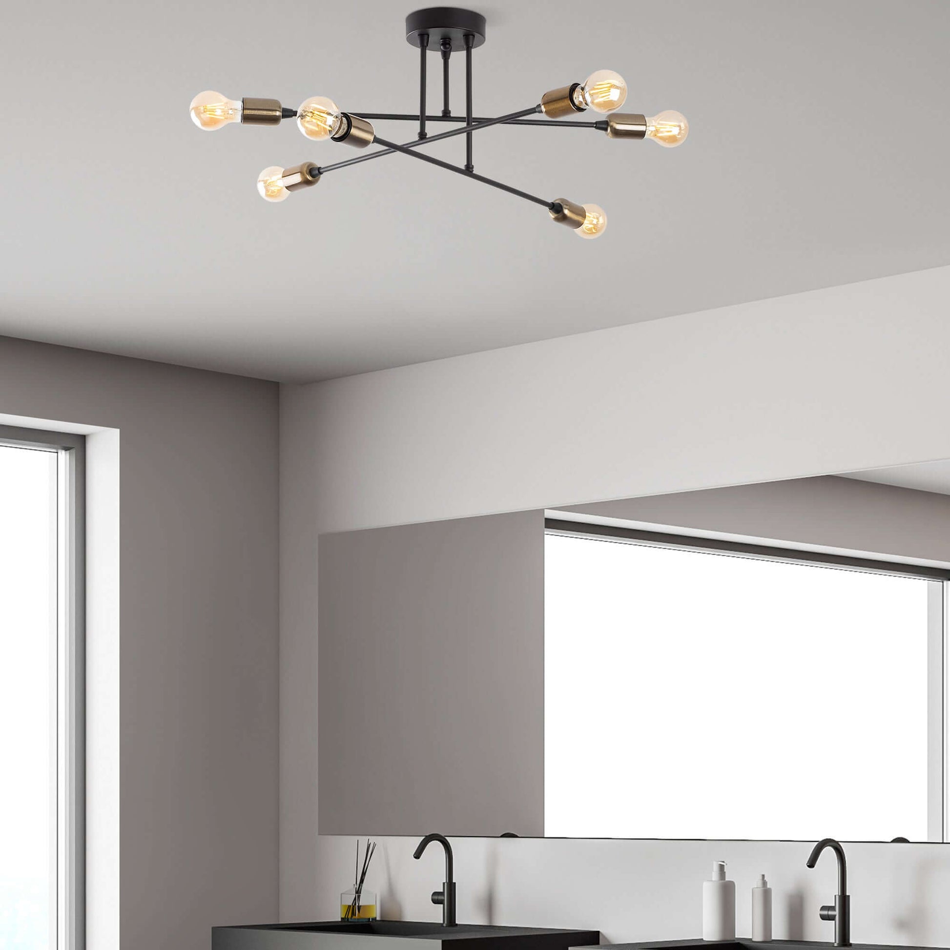 Stellar Branch Chandelier with black arms and exposed bulbs in star-shaped design.