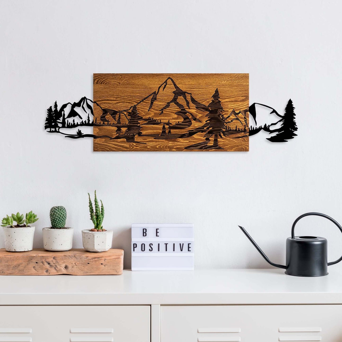 Timber Peaks Wall Art with wooden and metal mountain silhouettes.