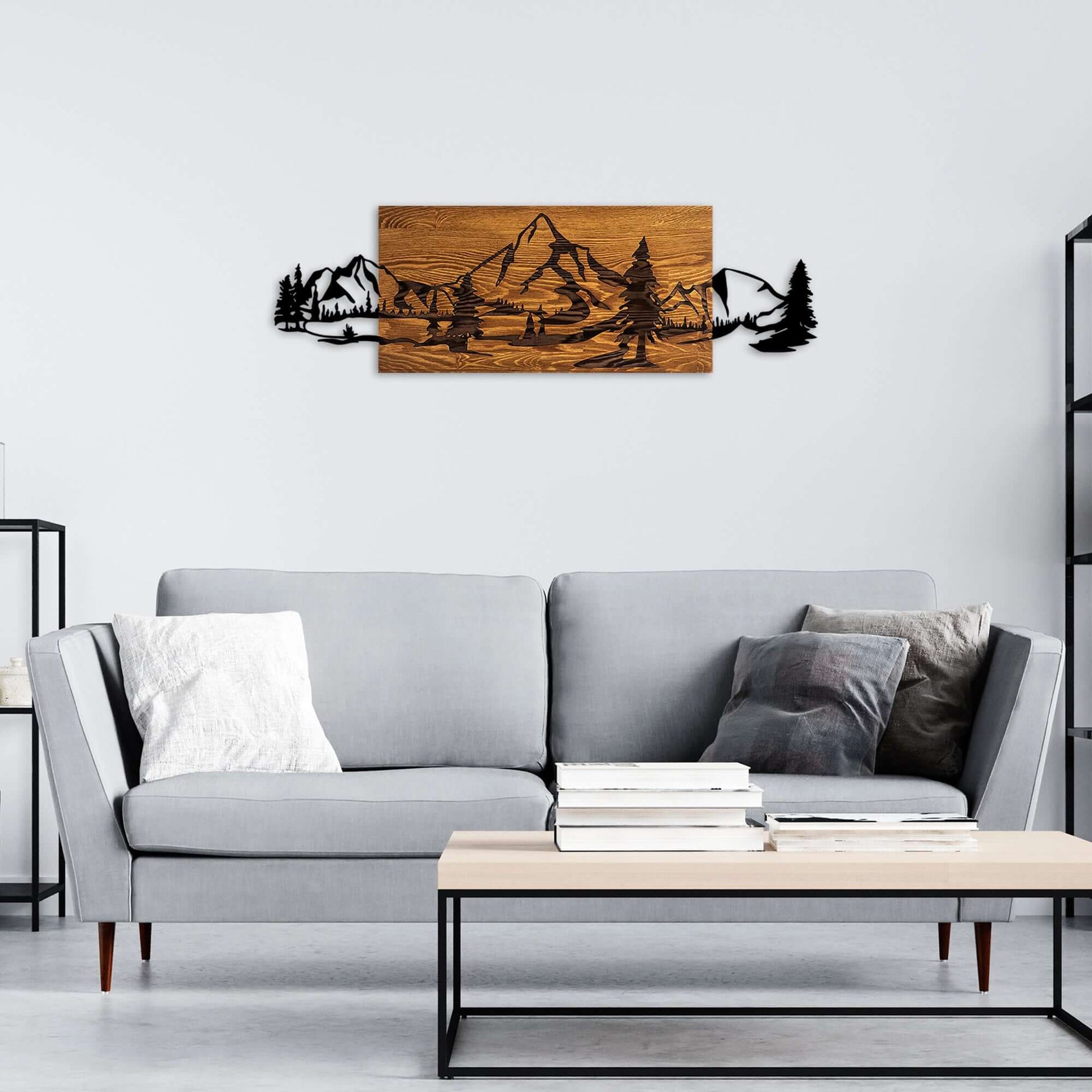 Timber Peaks Wall Art with wooden and metal mountain silhouettes.