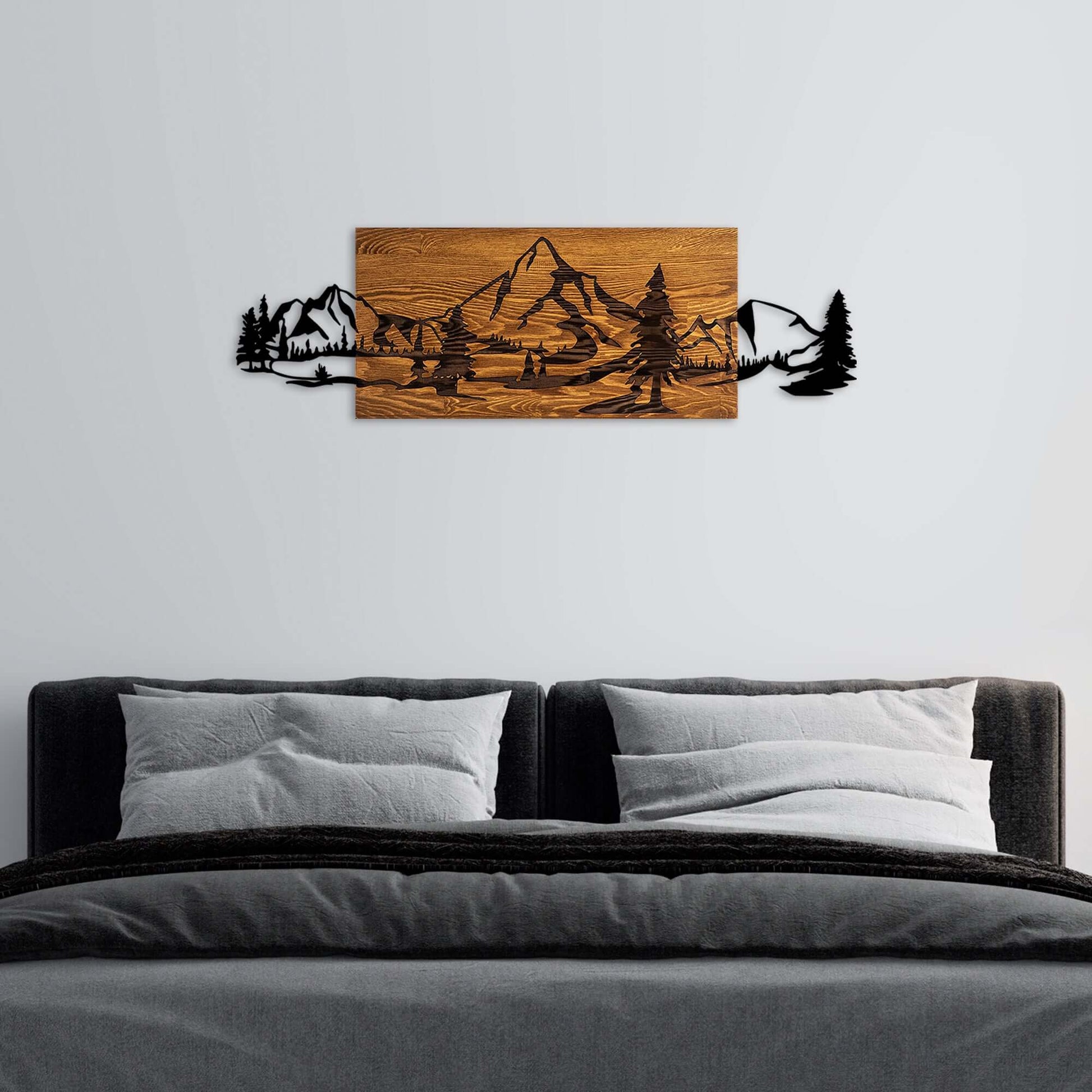 Timber Peaks Wall Art with wooden and metal mountain silhouette design for home decor.