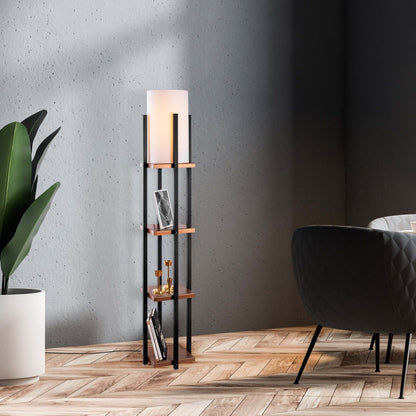 Modern Tower Glow Shelf Floor Lamp with Wooden Shelves and Soft Warm Light