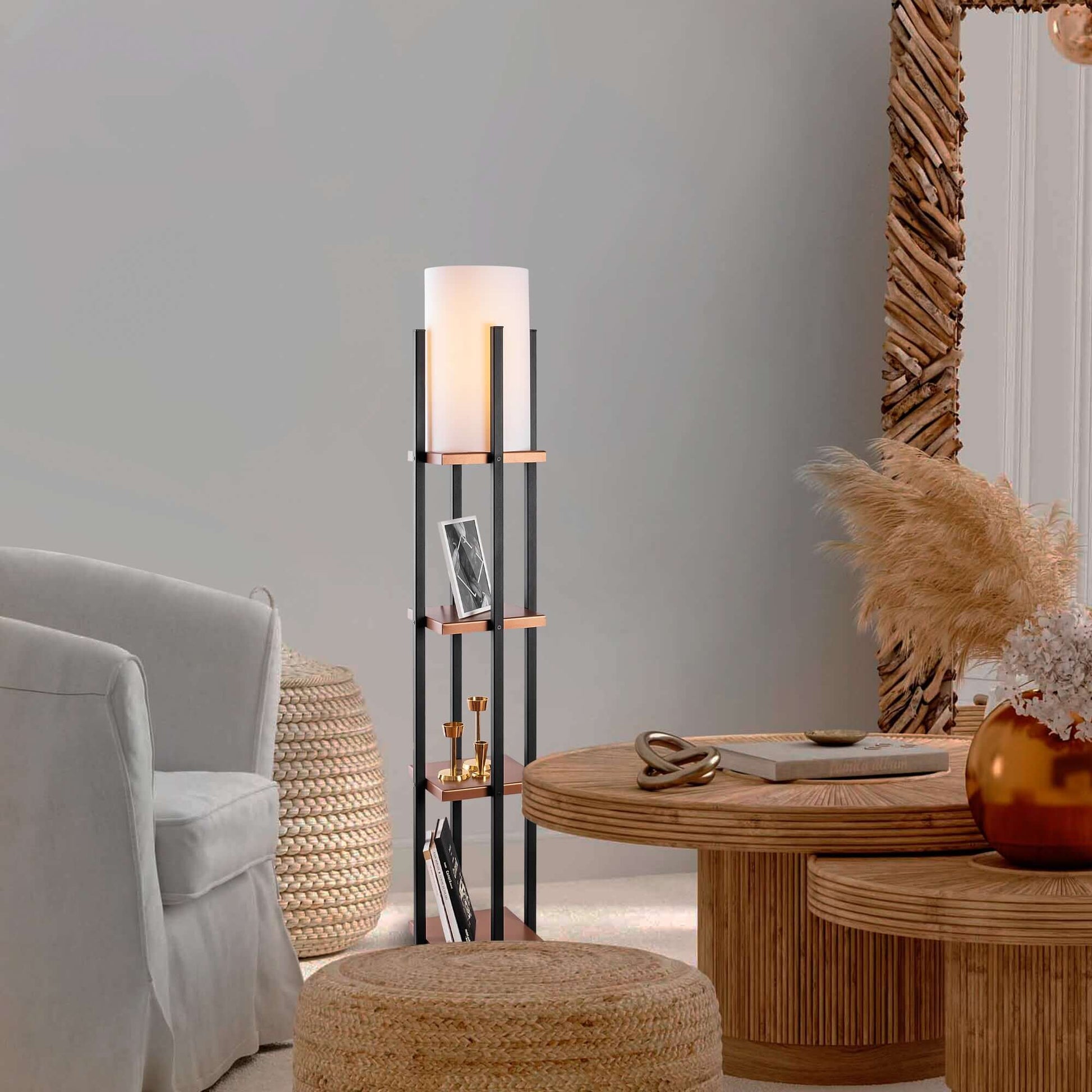 Tower Glow Shelf Floor Lamp with Wooden Shelves and Soft Warm Light