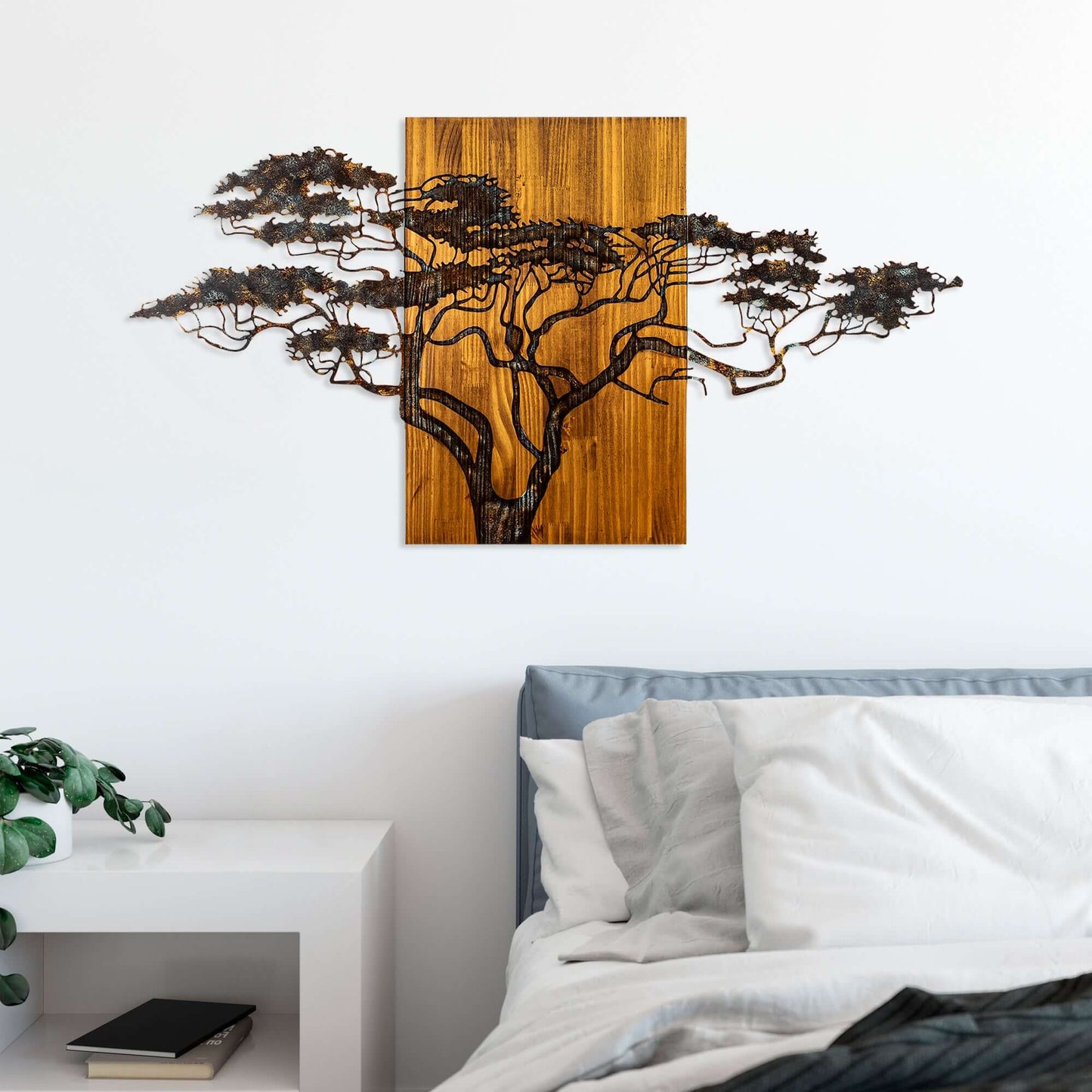 Tranquil Tree Wall Art metal sculpture in wooden frame, nature-inspired home decor.