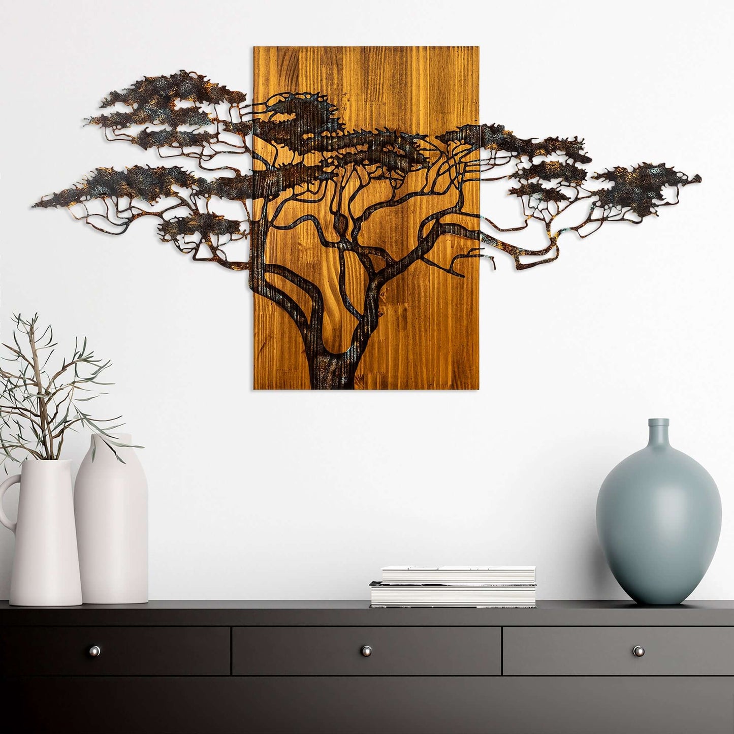 Tranquil tree metal wall art in wooden frame for a serene home decor ambiance.