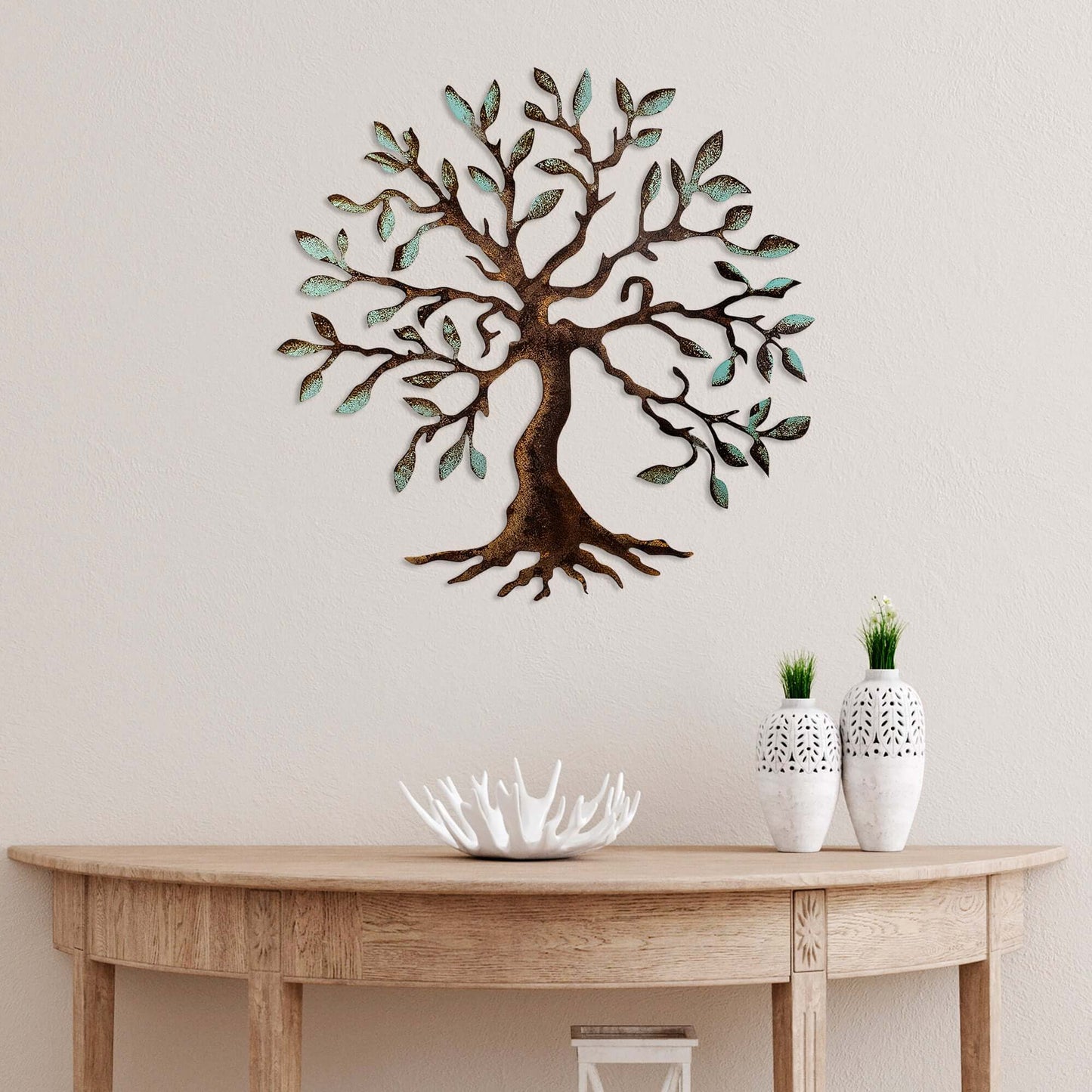 Metal tree wall art with flowing branches and leaves design for home decor.