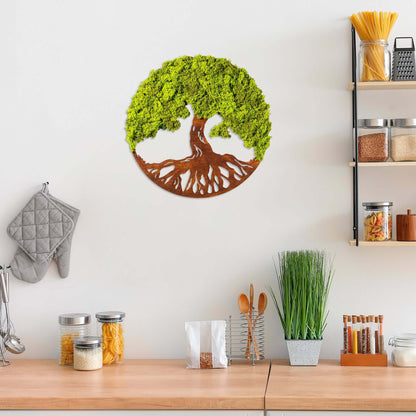 Verdant tree wall art with vibrant green foliage and intricate metal roots.