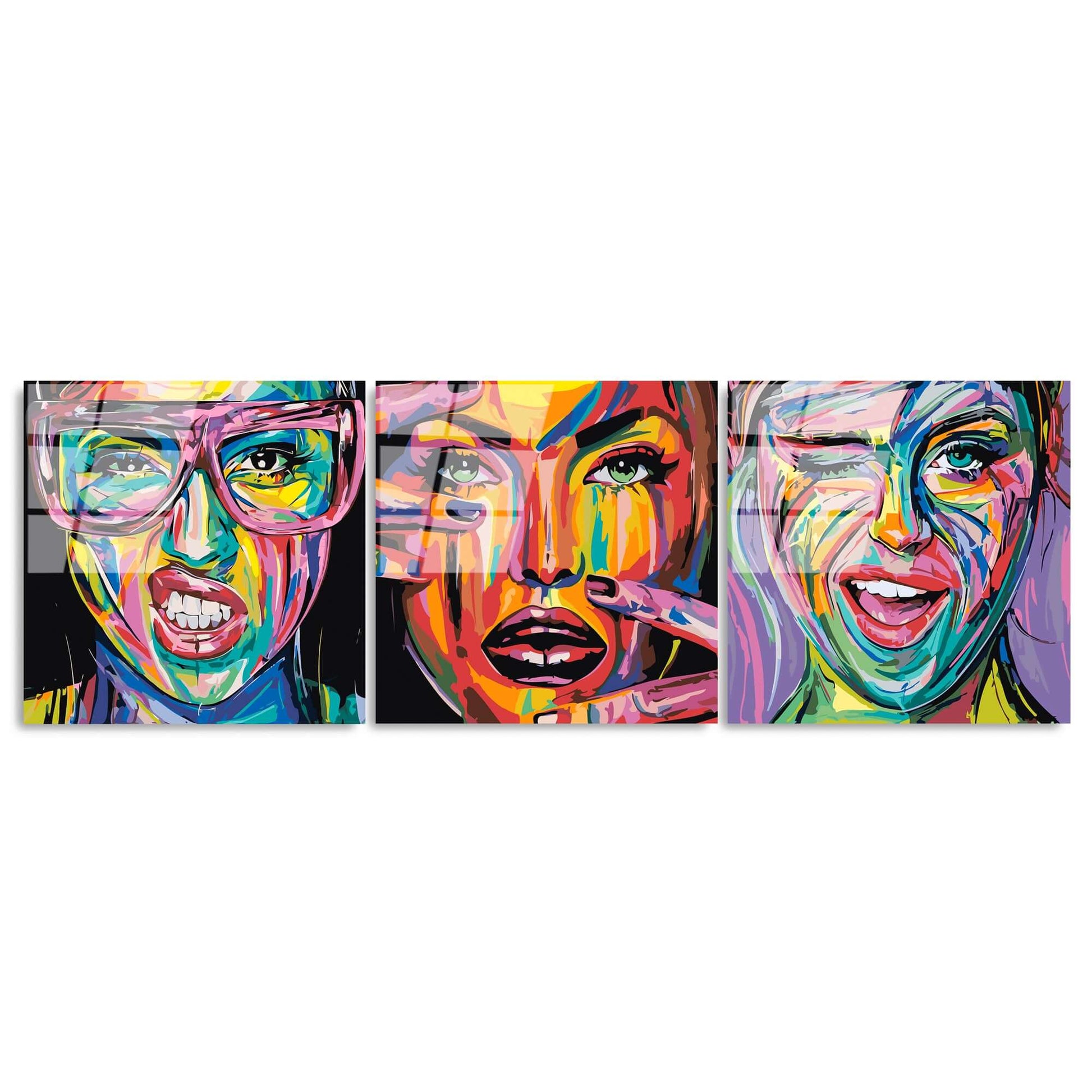 Vibrant UV glass wall art trio, colorful and quirky decor for a lively room.