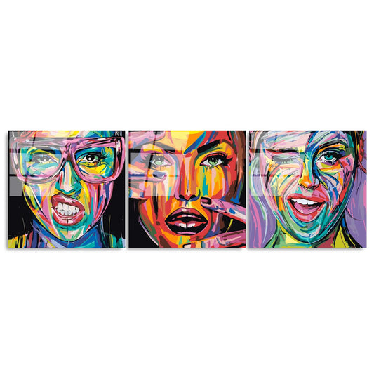 Vibrant UV glass wall art trio, colorful and quirky decor for a lively room.