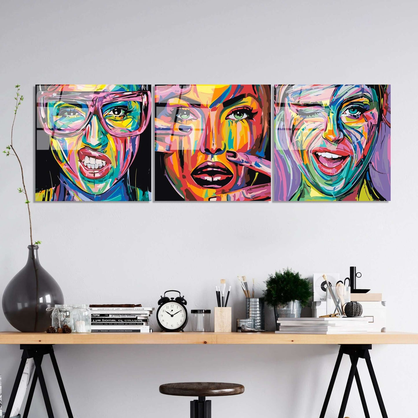 Vibrant UV Glass Wall Art Trio with Colorful and Quirky Designs