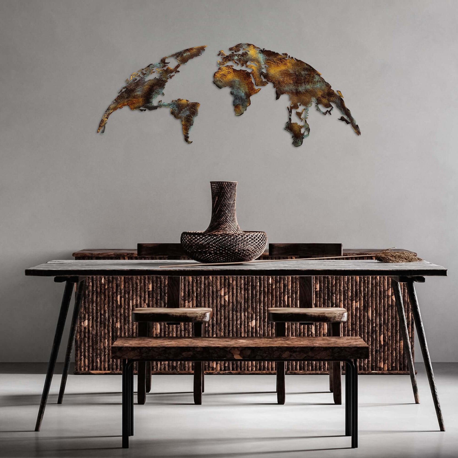 Wanderlust World Map rustic metal wall decor piece with global vibe.