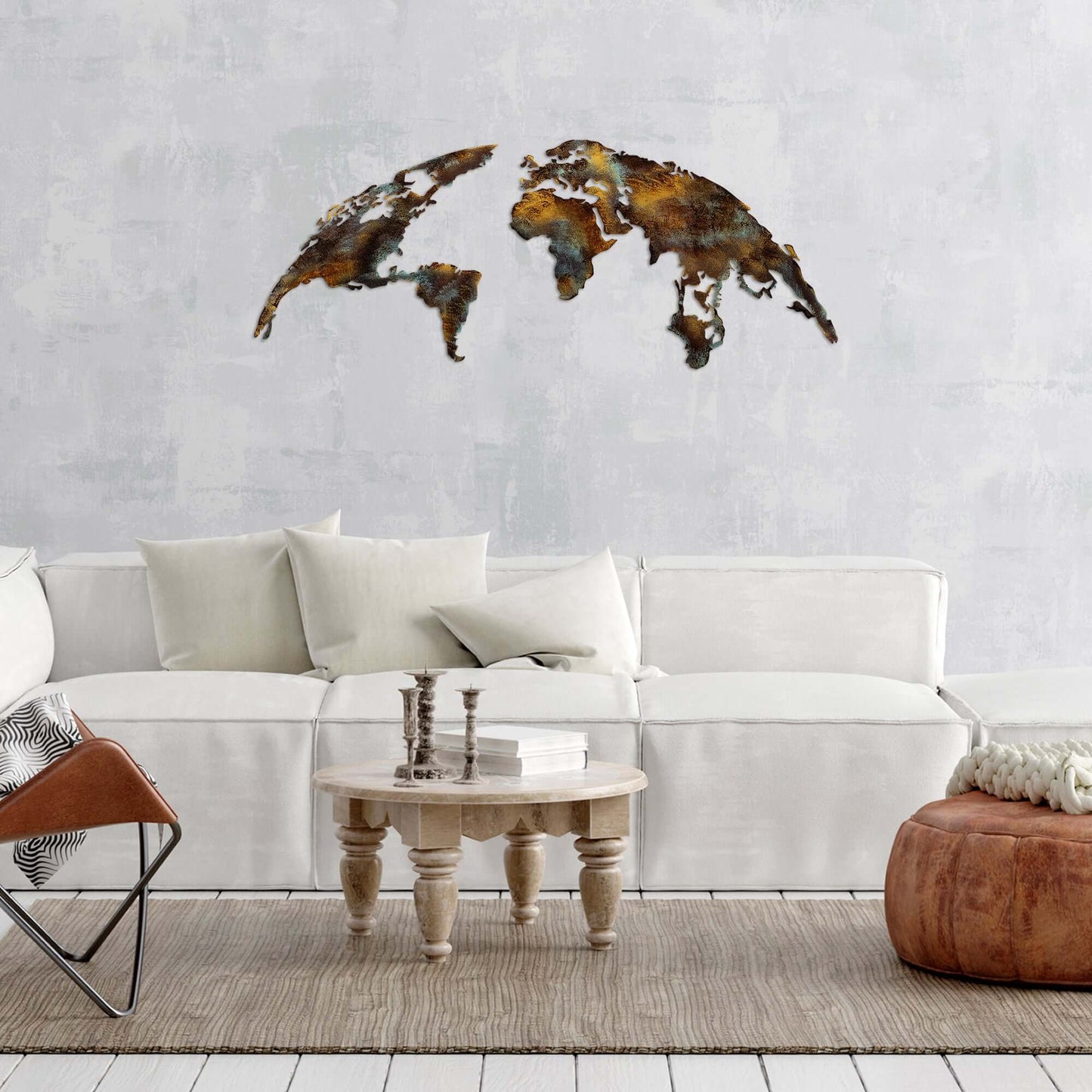 Wanderlust World Map rustic metal wall decor piece with global vibe.