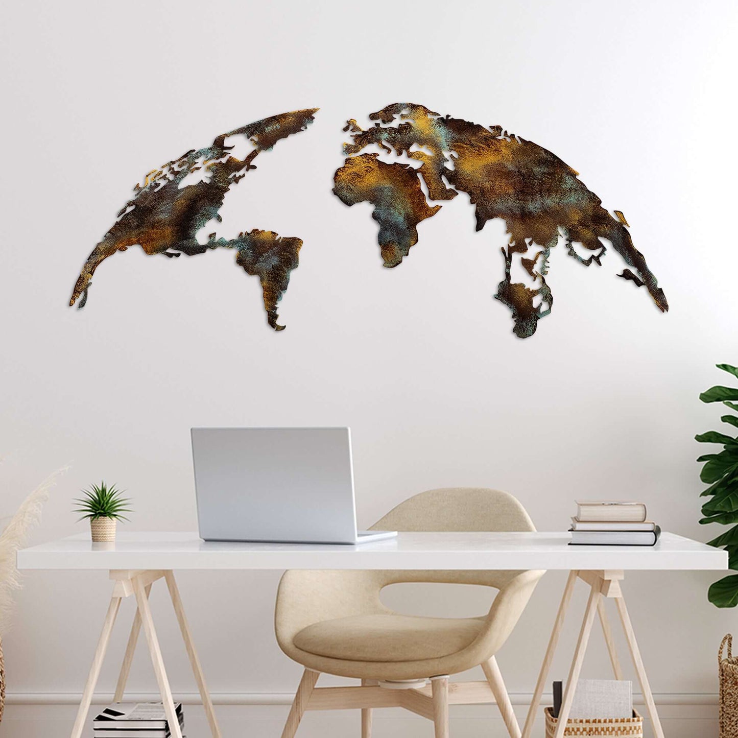 Wanderlust World Map rustic metal wall decor piece with global vibe.