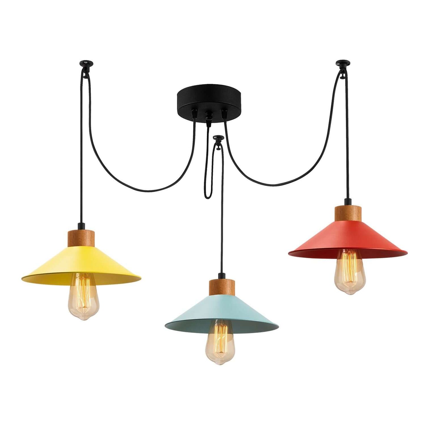 Whimsy Pendant Rainbow Trio in playful red, yellow, and blue shades for kids' rooms.