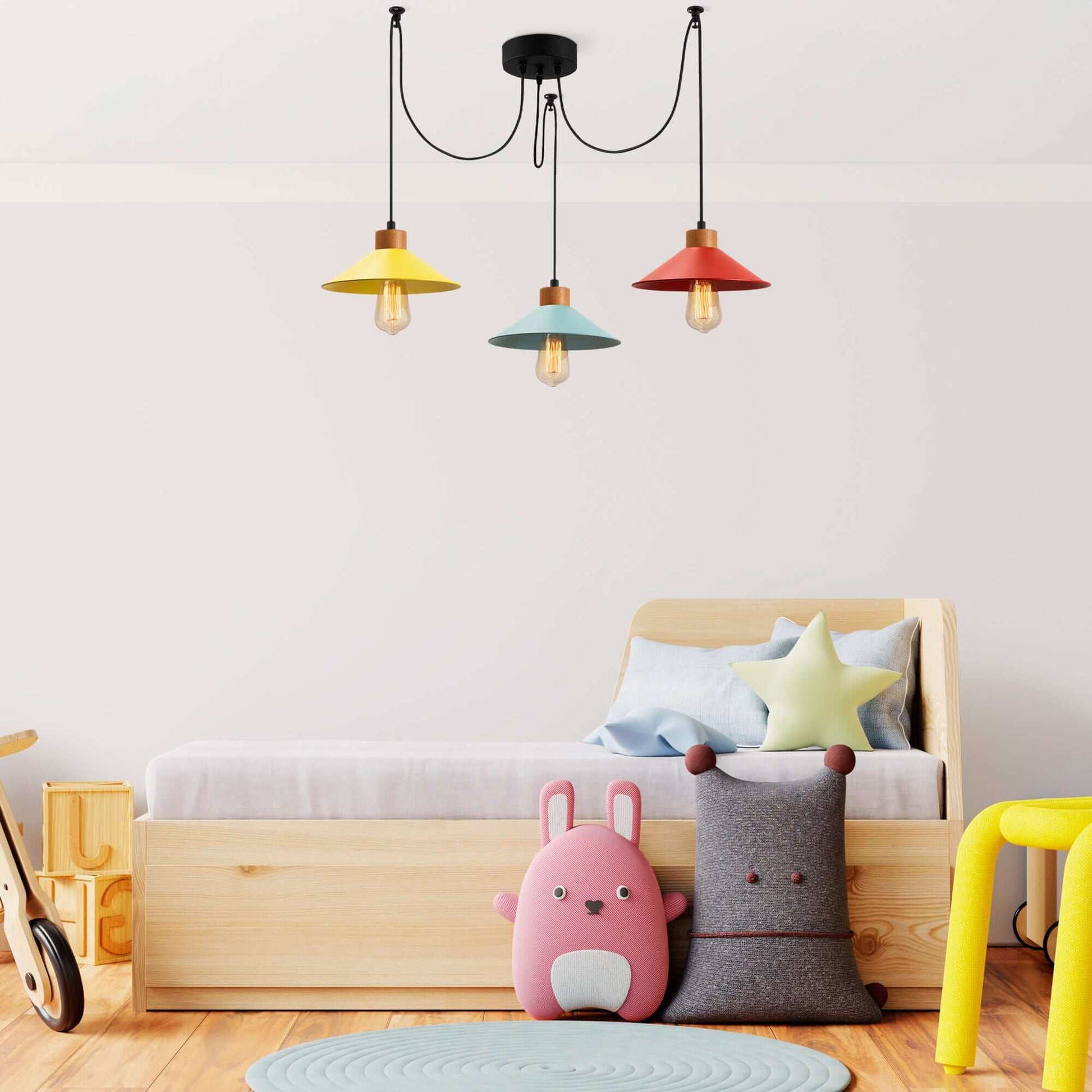 Whimsy Pendant Rainbow Trio with red, yellow, and blue shades, perfect for kids' rooms.