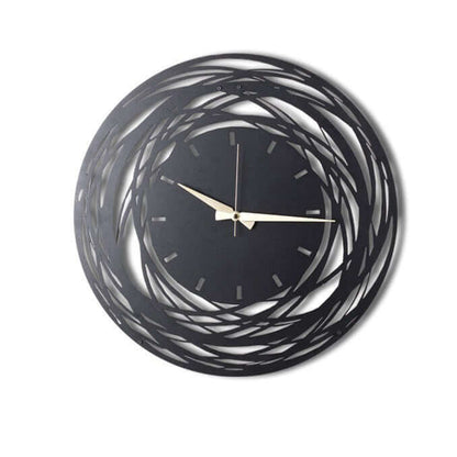 Whirlwind Elegance Wall Clock in sleek black metal with mesmerizing swirl design.