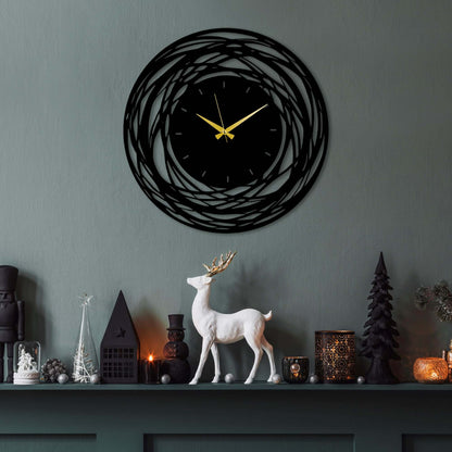 Whirlwind Elegance Wall Clock in sleek black metal with mesmerizing swirl design.