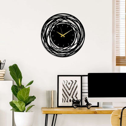 Whirlwind Elegance Wall Clock in sleek black metal with mesmerizing swirl design.