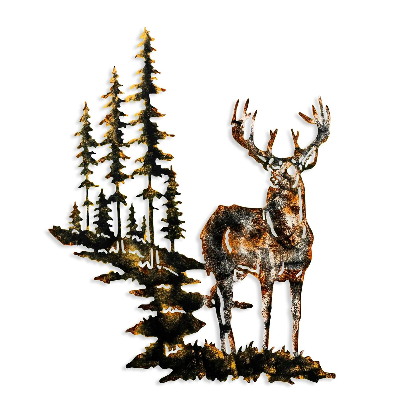 Woodland Majesty Wall Art featuring majestic deer in pine forest.