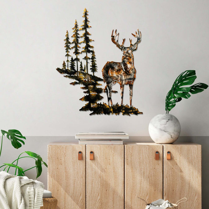 Woodland Majesty metal wall art featuring majestic deer and towering pines