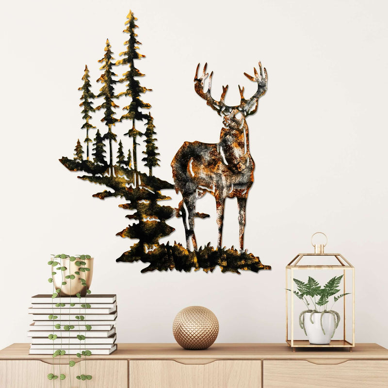 Woodland Majesty Wall Art featuring majestic deer among towering pines.