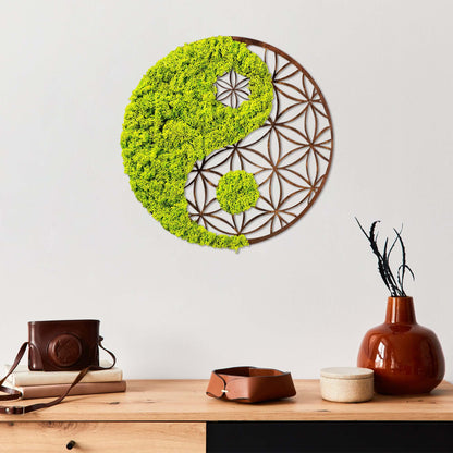 Zen Harmony Moss Art with vibrant green moss and metal accents